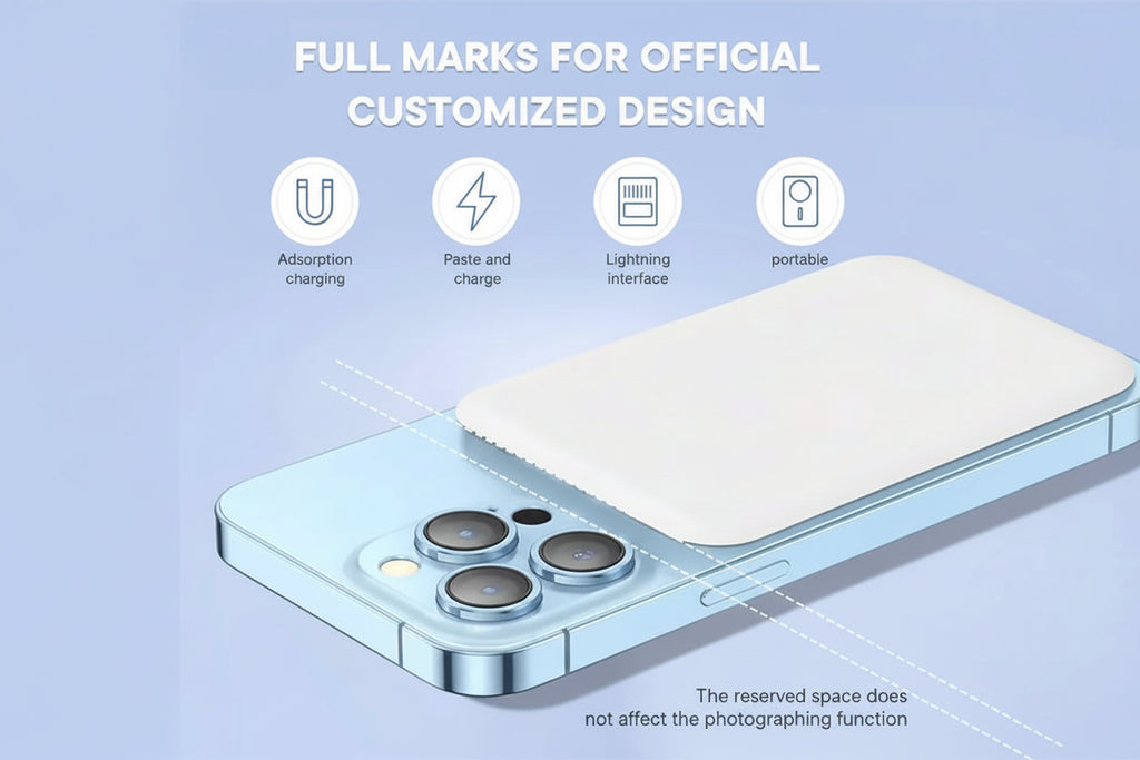 Smartphone with camera module and charging interface on a light blue background