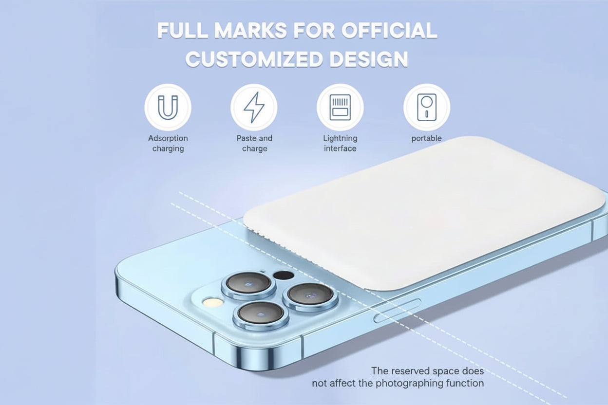 Smartphone with camera module and charging interface on a light blue background