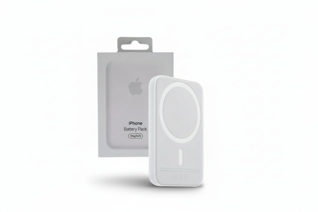 White iPhone battery pack with Apple packaging on a white background