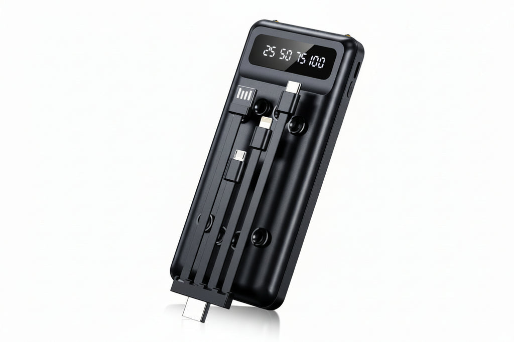 Black battery charger with digital display on a white background