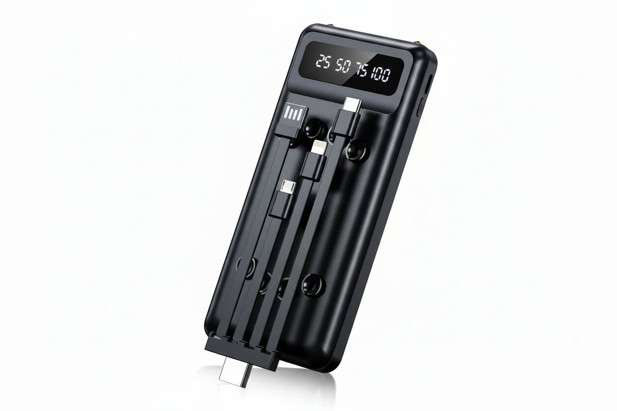 Black battery charger with digital display on a white background