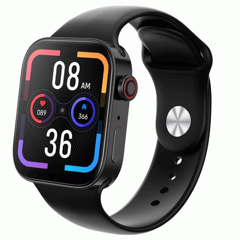 Black smartwatch with a colorful display on a white background