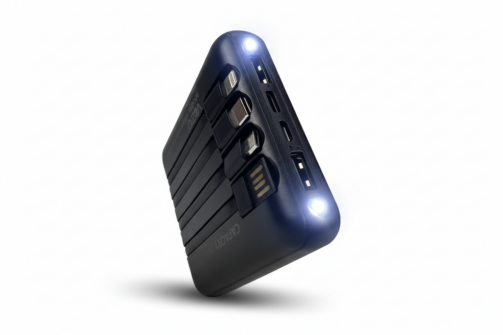 Black power bank with multiple ports on a white background