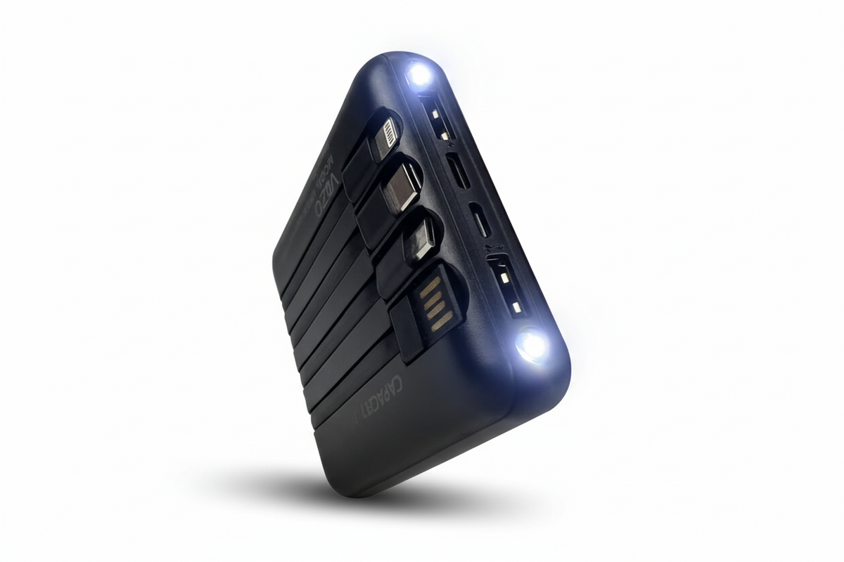 Black power bank with multiple ports on a white background