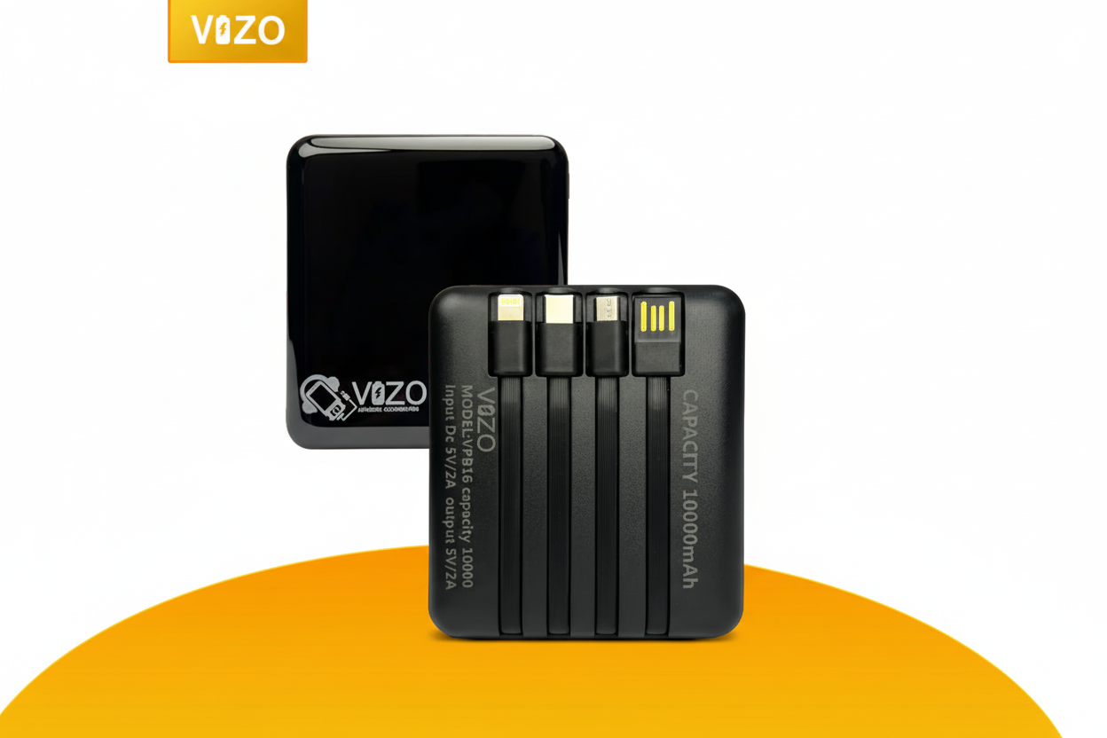 Vazo battery pack and multiple batteries on an orange background