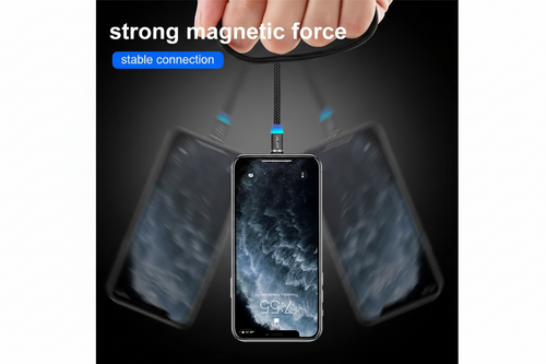 3-in-1 Magnetic Fast Charging Cable | Micro USB, Type-C & iPhone | 360° Rotation | LED | 3A | Nylon Braided | Magnetic Charging Cables For Android & IOS | Charging Cable For Mobile Phone ( Random Color )