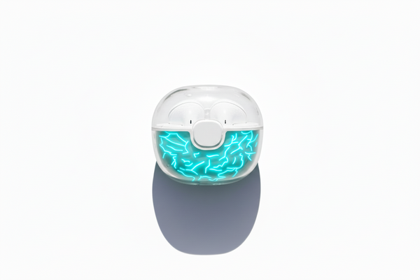Small electronic device with a blue light on a white background