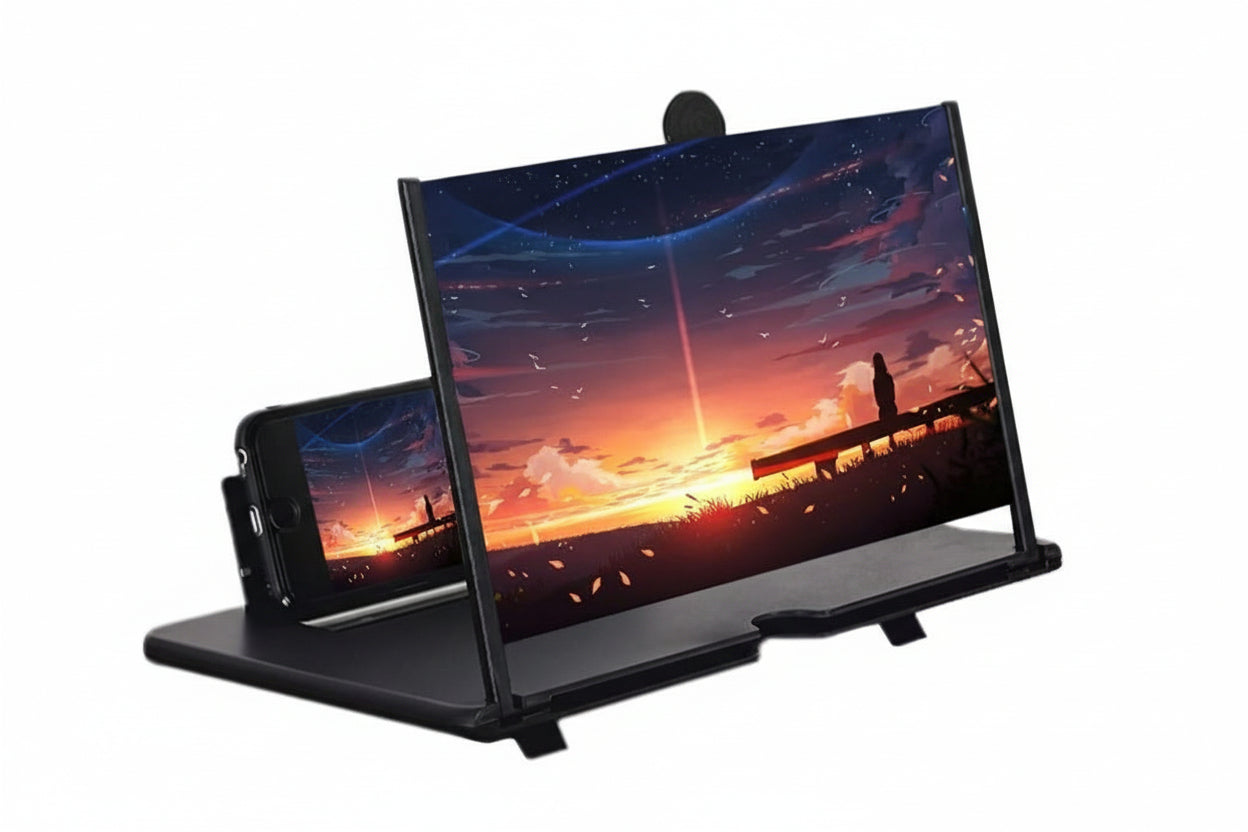 Phone screen magnifier displaying a scenic image on a white background