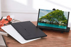 Tablet stand with tablet displaying a scenic view on a wooden surface.