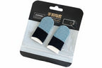 Pair of blue and black gloves in packaging with visible brand name on a gray background