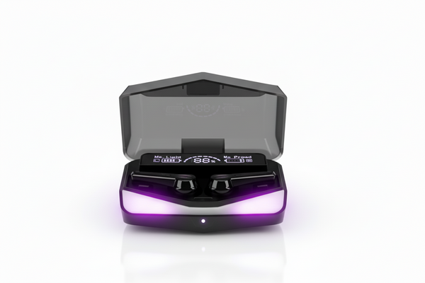 Black electronic device with a purple light on a gray surface and background