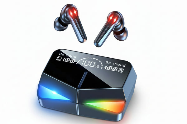 Wireless earbuds with charging case on a white background