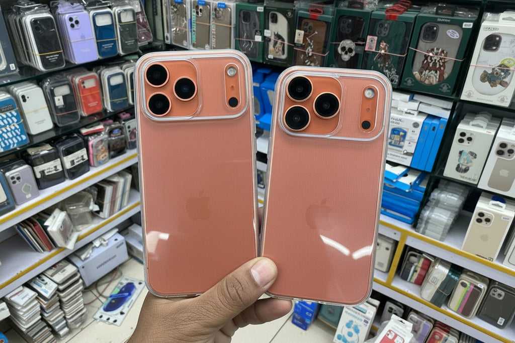 Two rose gold phone cases held in front of a store shelf with phone accessories.
