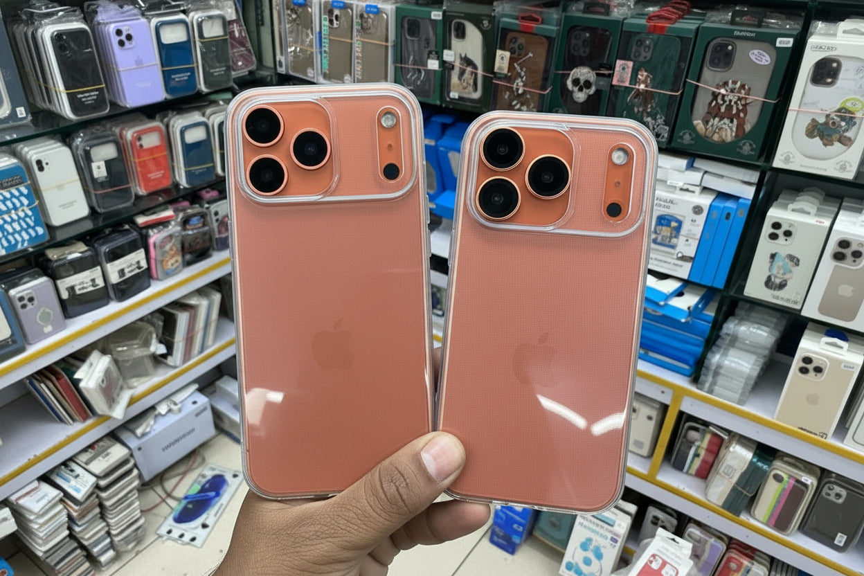 Two rose gold phone cases held in front of a store shelf with phone accessories.