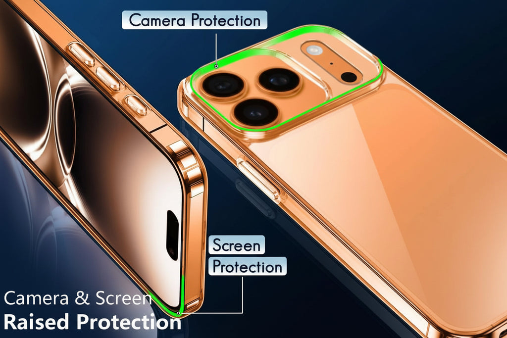 Rose gold phone case with camera and screen protection features on a dark blue background
