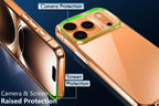 Rose gold phone case with camera and screen protection features on a dark blue background