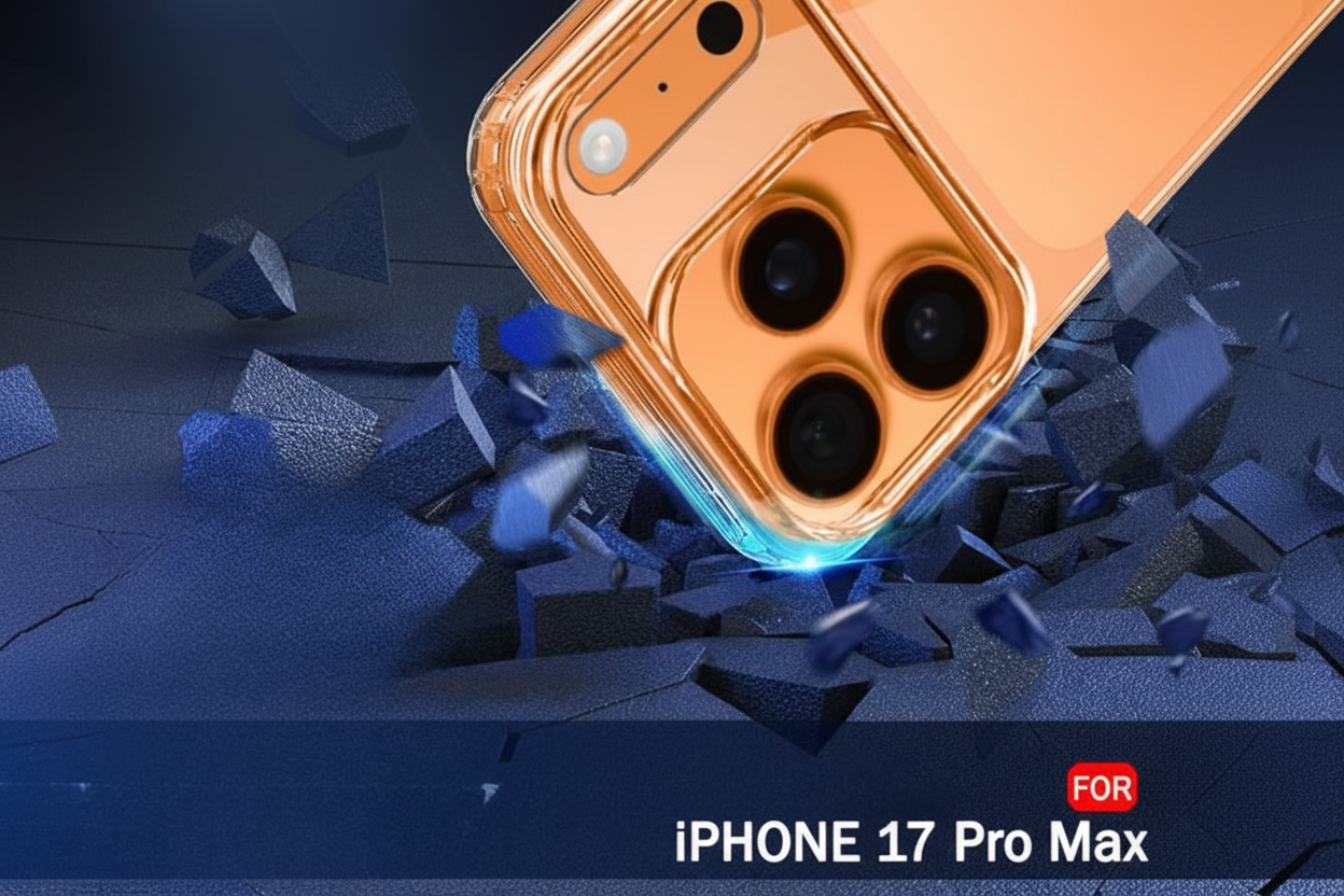 Phone case for iPhone 17 Pro Max breaking through a blue background