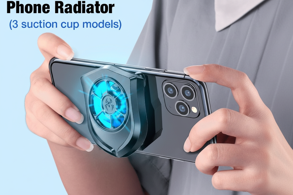 Phone with a cooling fan attachment held by hands against a light blue background