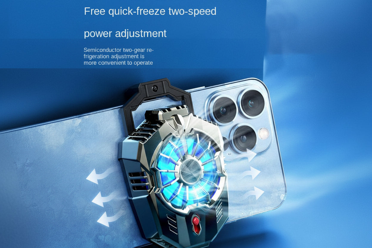 Phone cooling pad with glowing blue center on a blue background