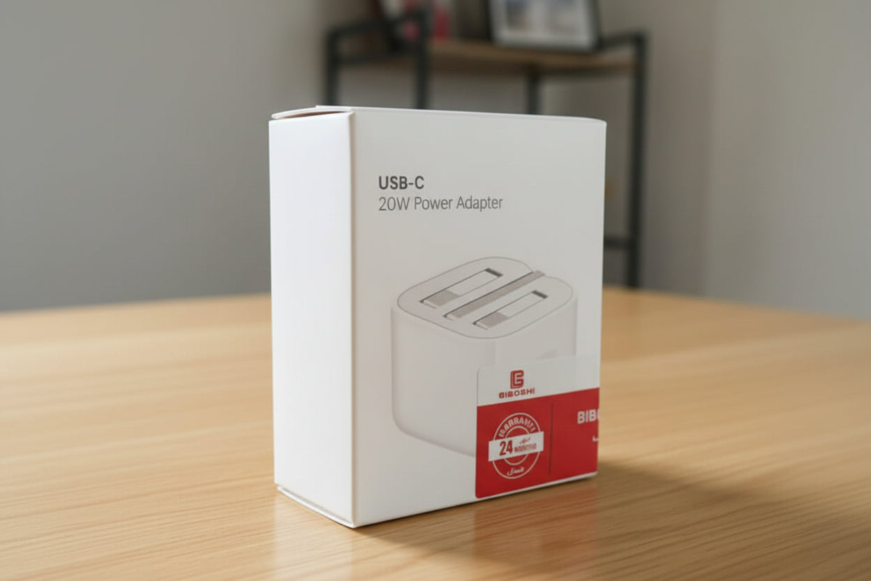 USB-C power adapter packaging on a wooden surface with a blurred background
