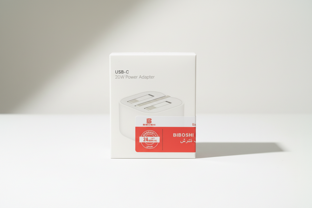 USB-C power adapter packaging with BIBOSHI branding on a light gray background