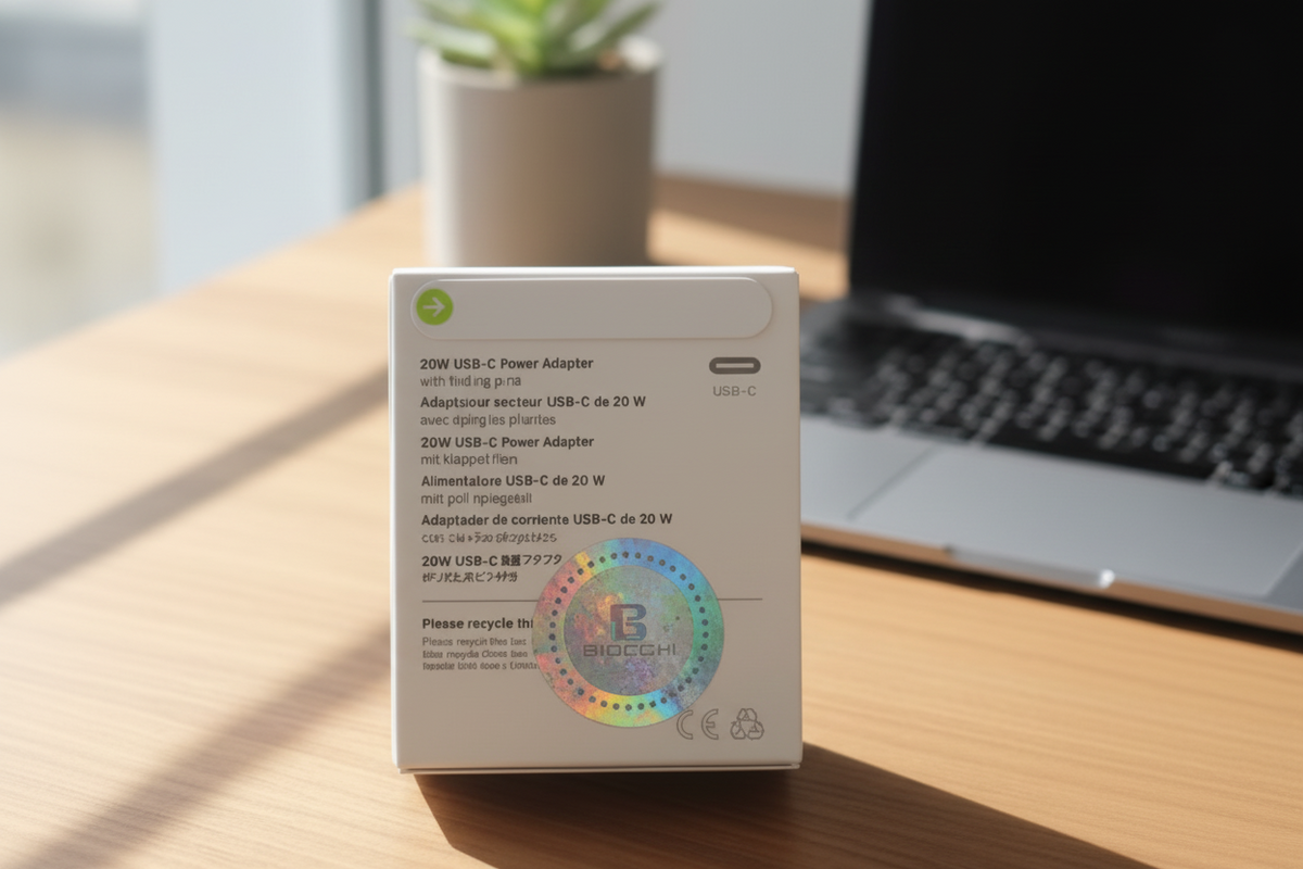 USB-C power adapter box on a desk with a laptop and plant in the background