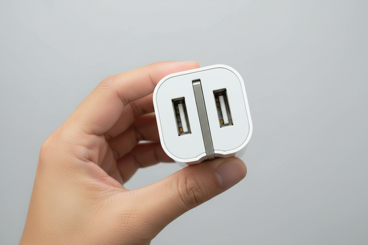Hand holding a white USB charger with dual ports against a gray background
