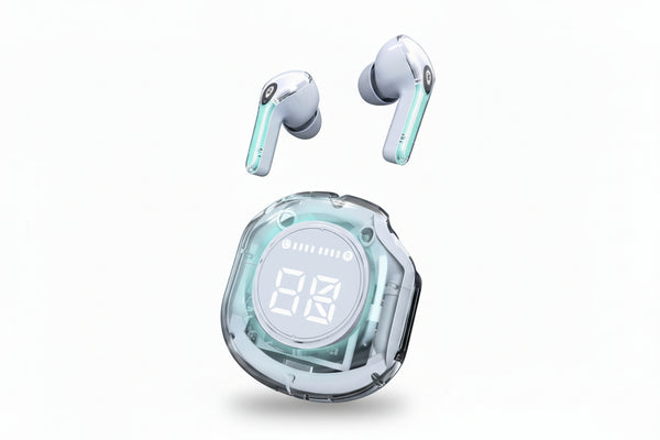Wireless earbuds with charging case on a white background