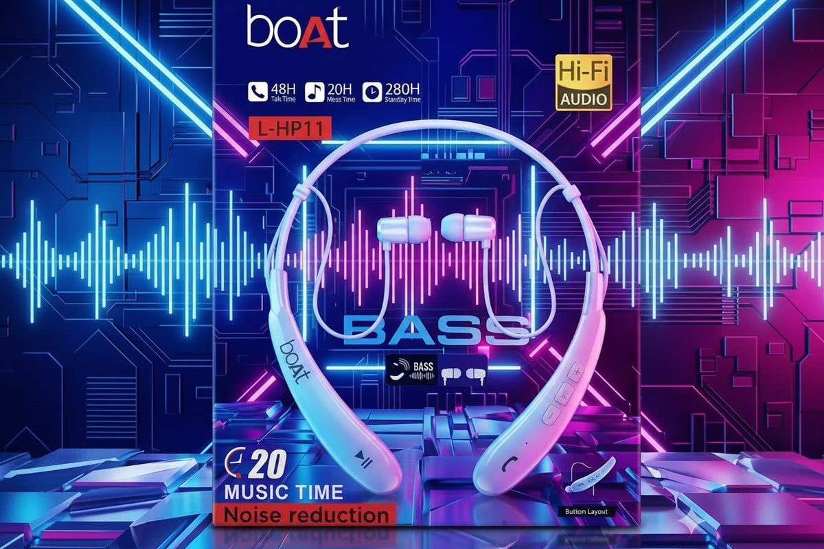 boAt L-HP11 headphones packaging with blue and pink design elements on a futuristic background