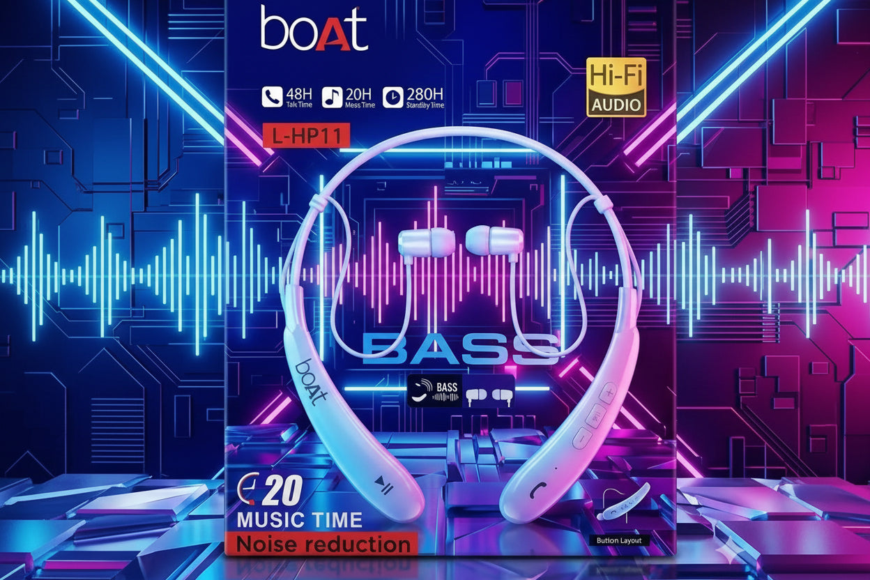 boAt L-HP11 headphones packaging with blue and pink design elements on a futuristic background