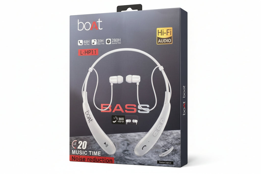 boAt L-HP11 Bluetooth headset packaging with product illustration and features on a dark background