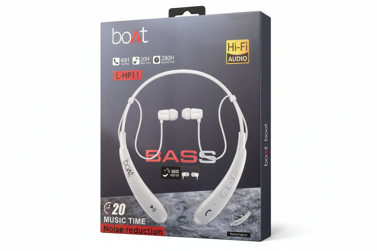 boAt L-HP11 Bluetooth headset packaging with product illustration and features on a dark background