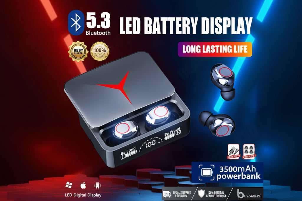 Wireless earbuds with charging case on a dark background with text highlighting features like Bluetooth 5.3, LED battery display, and power bank.