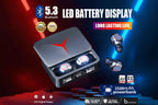 Wireless earbuds with charging case on a dark background with text highlighting features like Bluetooth 5.3, LED battery display, and power bank.