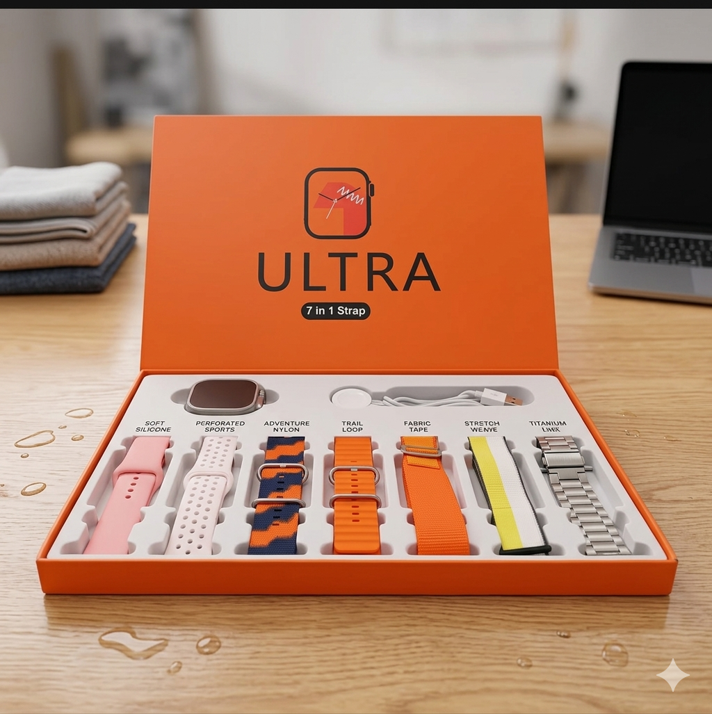 Orange 'ULTRA' watch strap set packaging on a wooden surface with watches displayed inside.