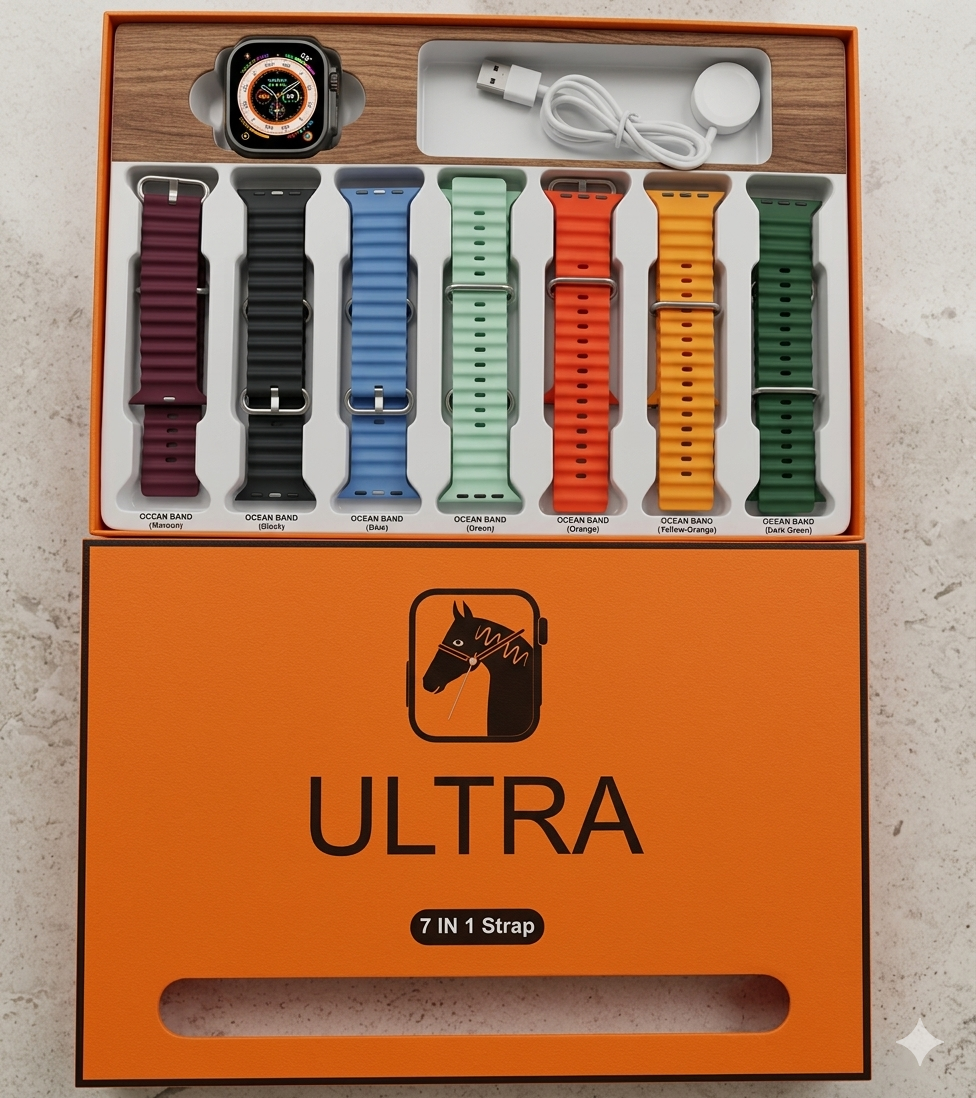 Ultra Smart Watch Bundle with 7-in-1 Interchangeable Straps, Fitness Tracker, Bluetooth Call, Heart Rate Monitor, & Wireless Charging Case